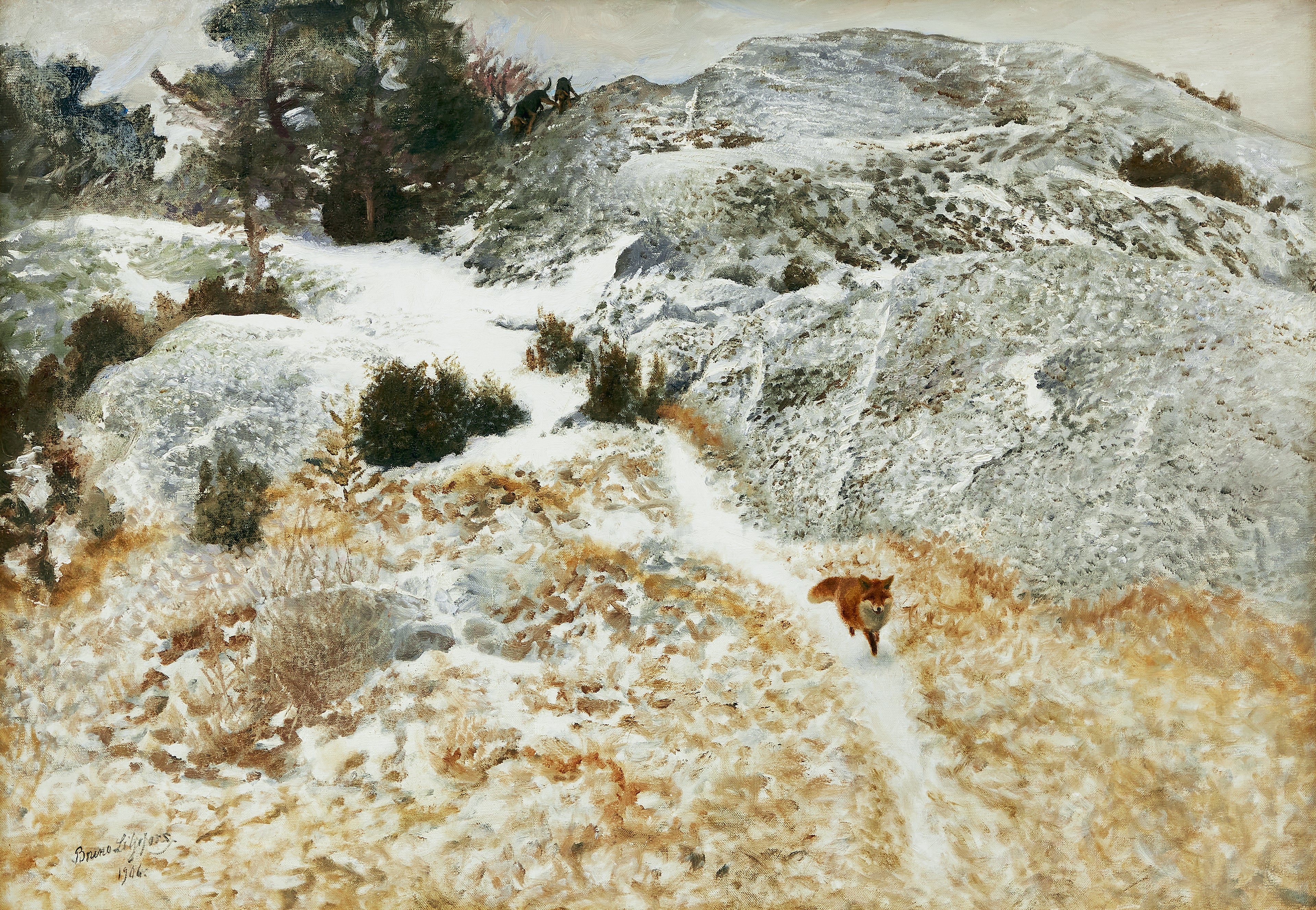 Renard et chiens de chasse dans un paysage hivernal - Bruno Liljefors