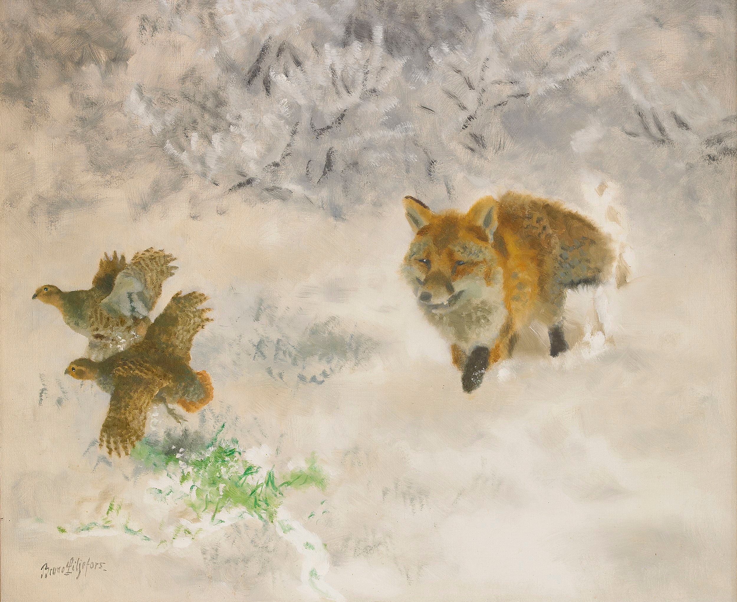 Chasse au renard et aux tétras lyres dans un paysage hivernal - Bruno Liljefors