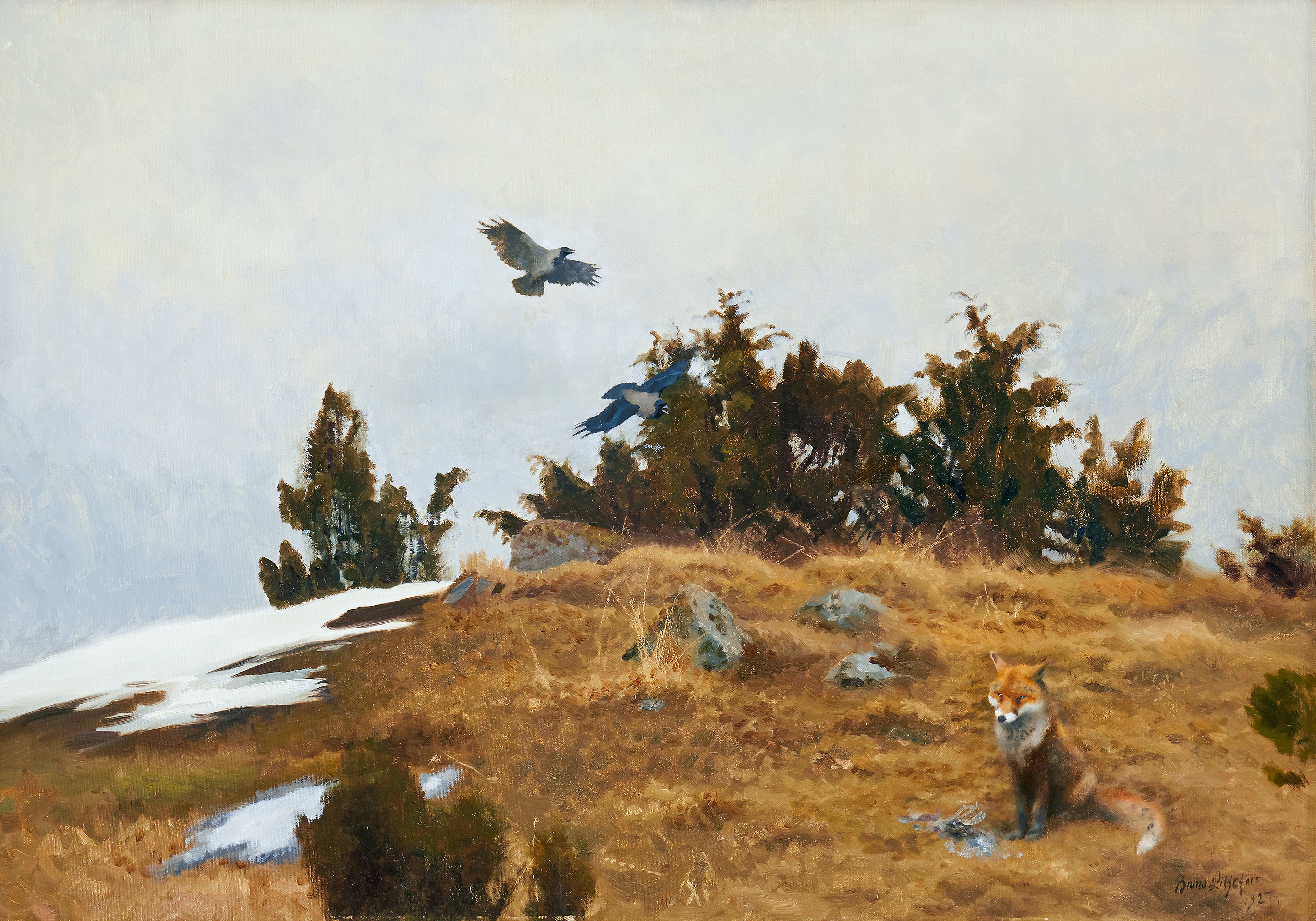 Renard avec sa proie et des corbeaux dans un paysage printanier-hivernal - Bruno Liljefors