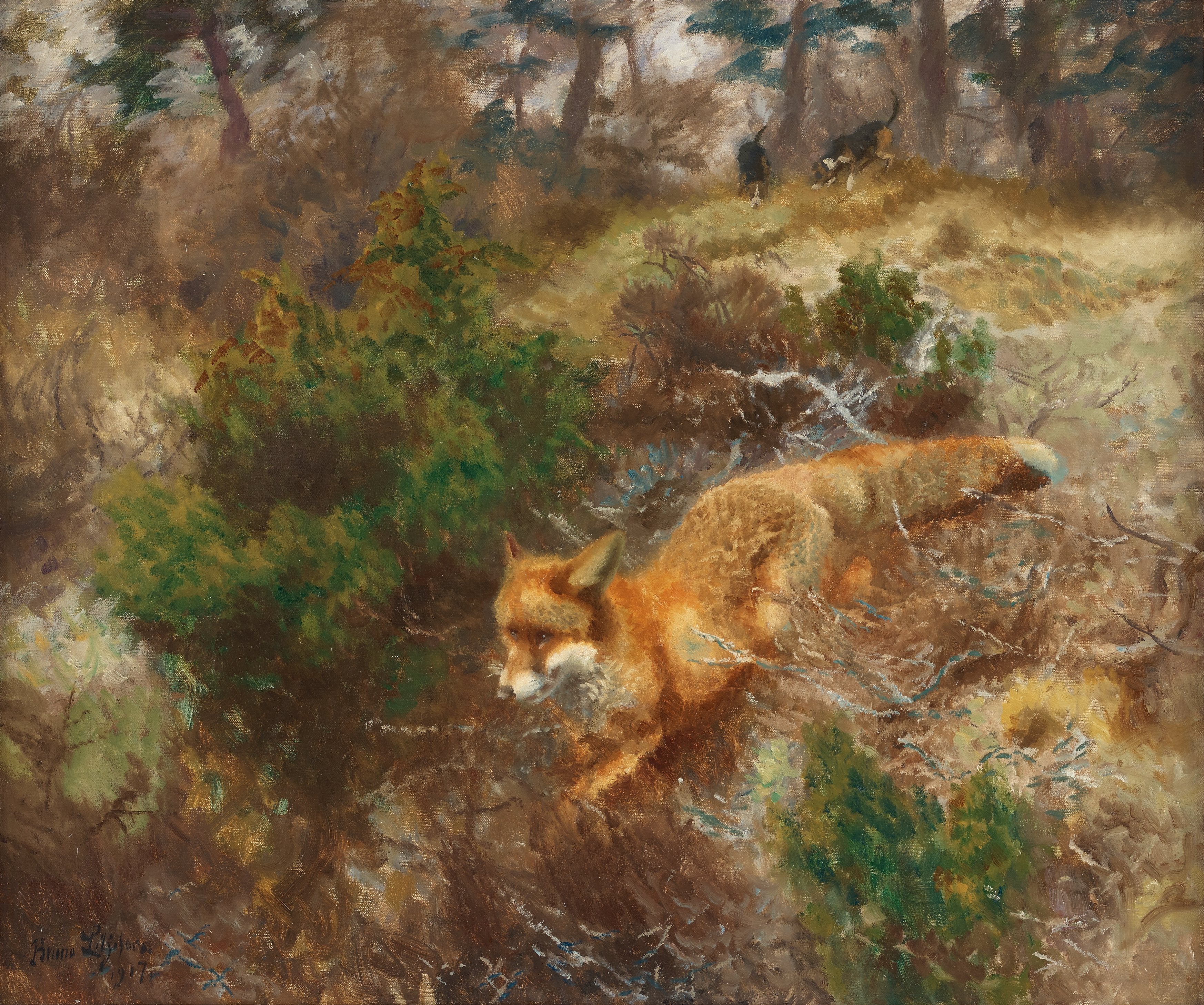 Renard et chiens de chasse - Bruno Liljefors