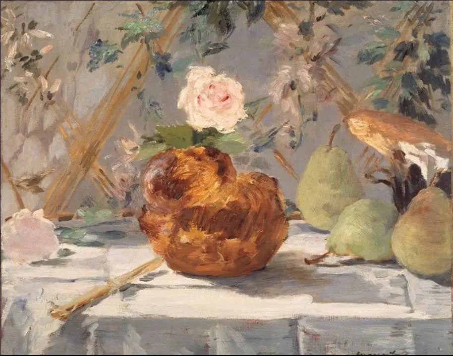 Reproduction du tableau « Nature morte, brioche, fleurs, poires - Édouard Manet » par Alpha Reproduction en peinture à l’huile