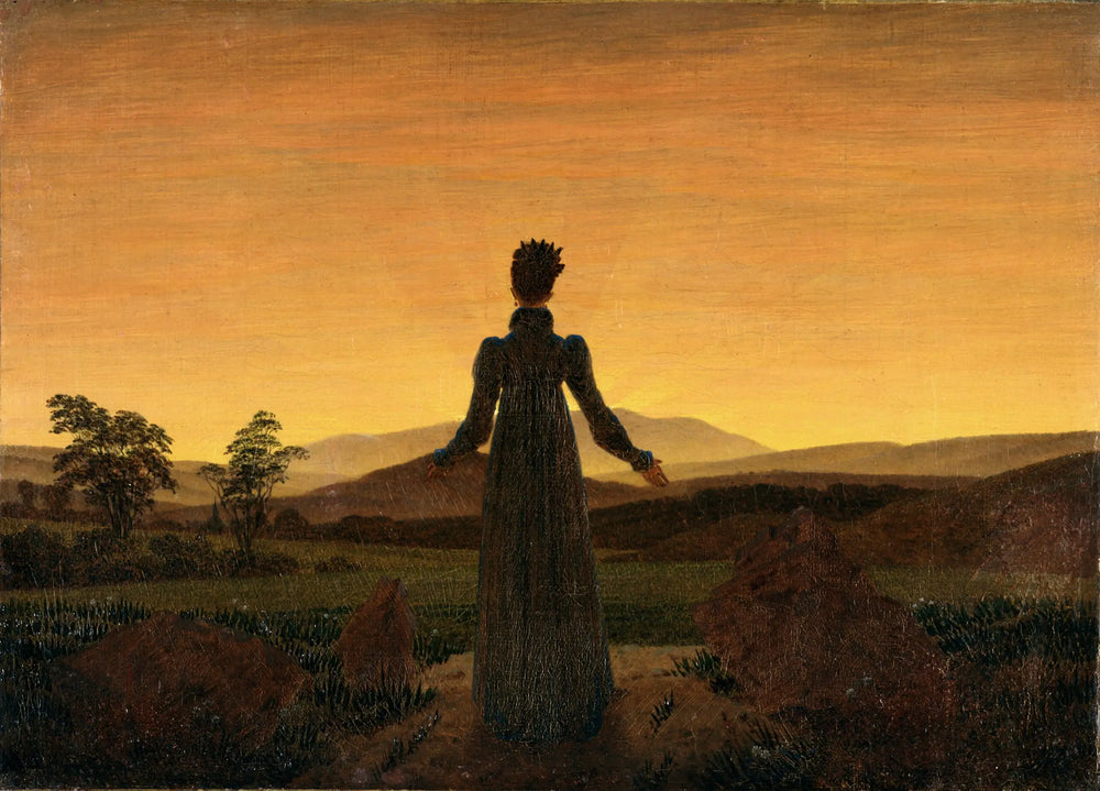 Reproduction du tableau « Femme devant le coucher de soleil - Caspar David Friedrich » par Alpha Reproduction en peinture à l’huile