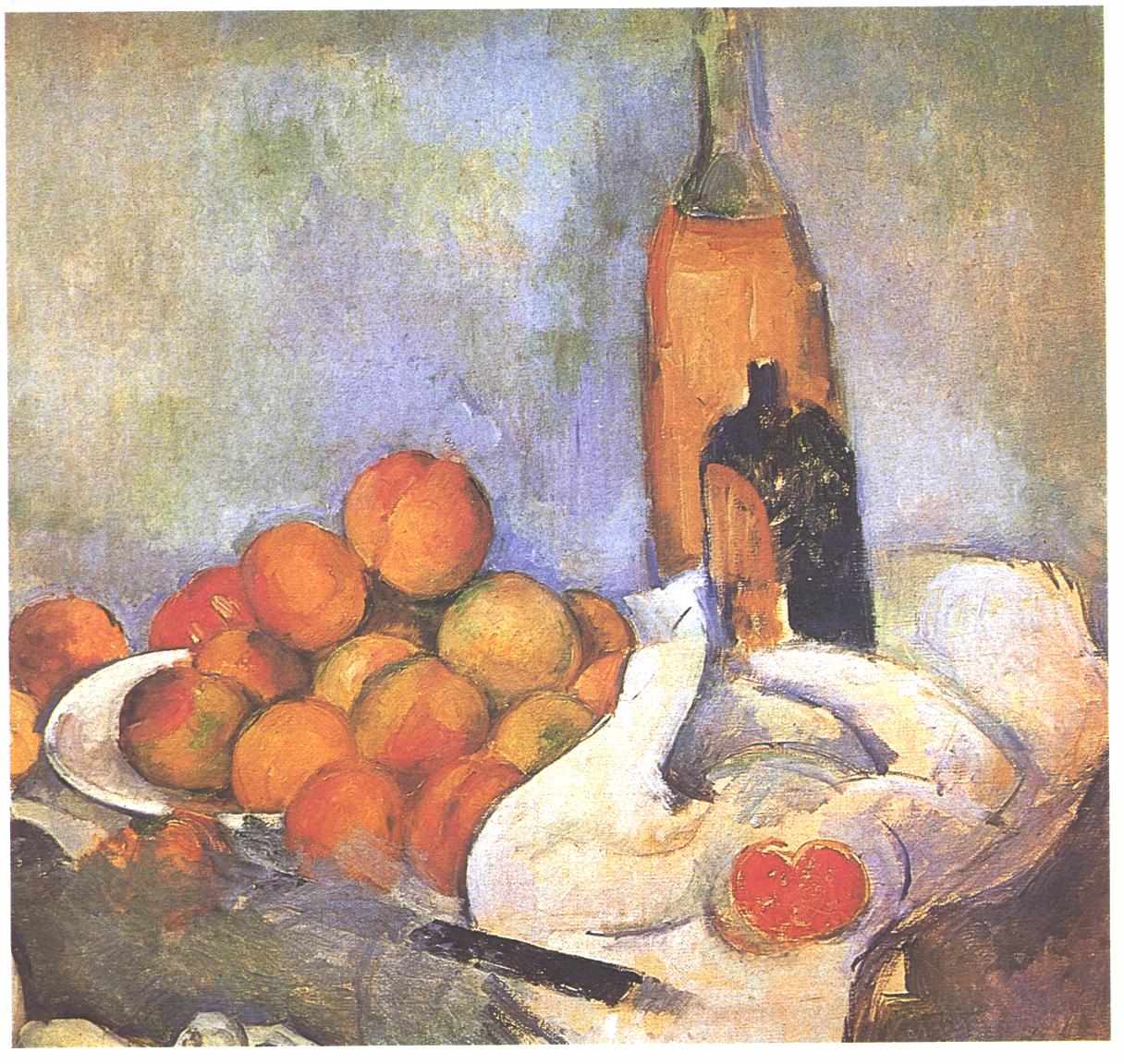 Reproduction du tableau « Bouteilles et Pêches - Paul Cézanne » par Alpha Reproduction en peinture à l’huile