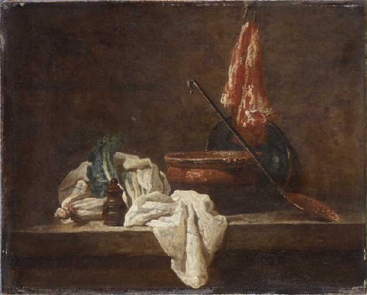 Nature morte avec deux pieds de céleri, boîte à épices, torchon, terrine, plat, écumoire et morceau de viande - Jean Siméon Chardin