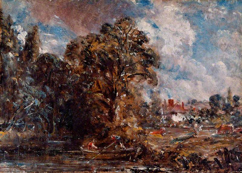 Une scène de rivière avec une ferme au bord de l'eau - John Constable