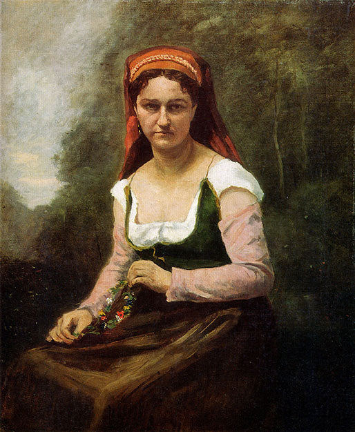Paysanne assise dans la verdure, tenant une guirlande de fleurs - Jean-Baptiste Camille Corot