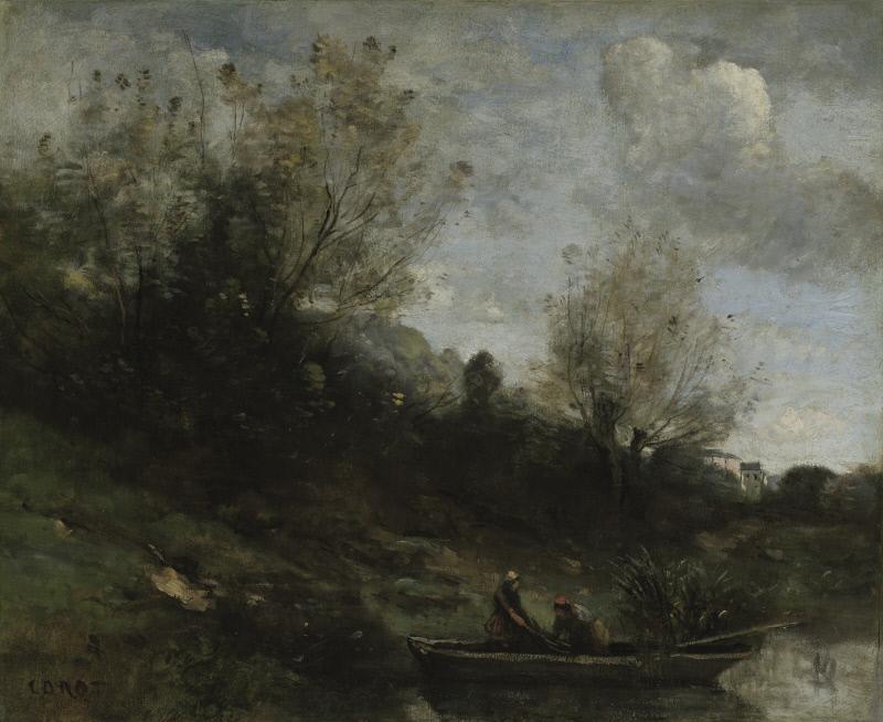 Pêcheurs en barque au bord de la rive - Jean-Baptiste Camille Corot