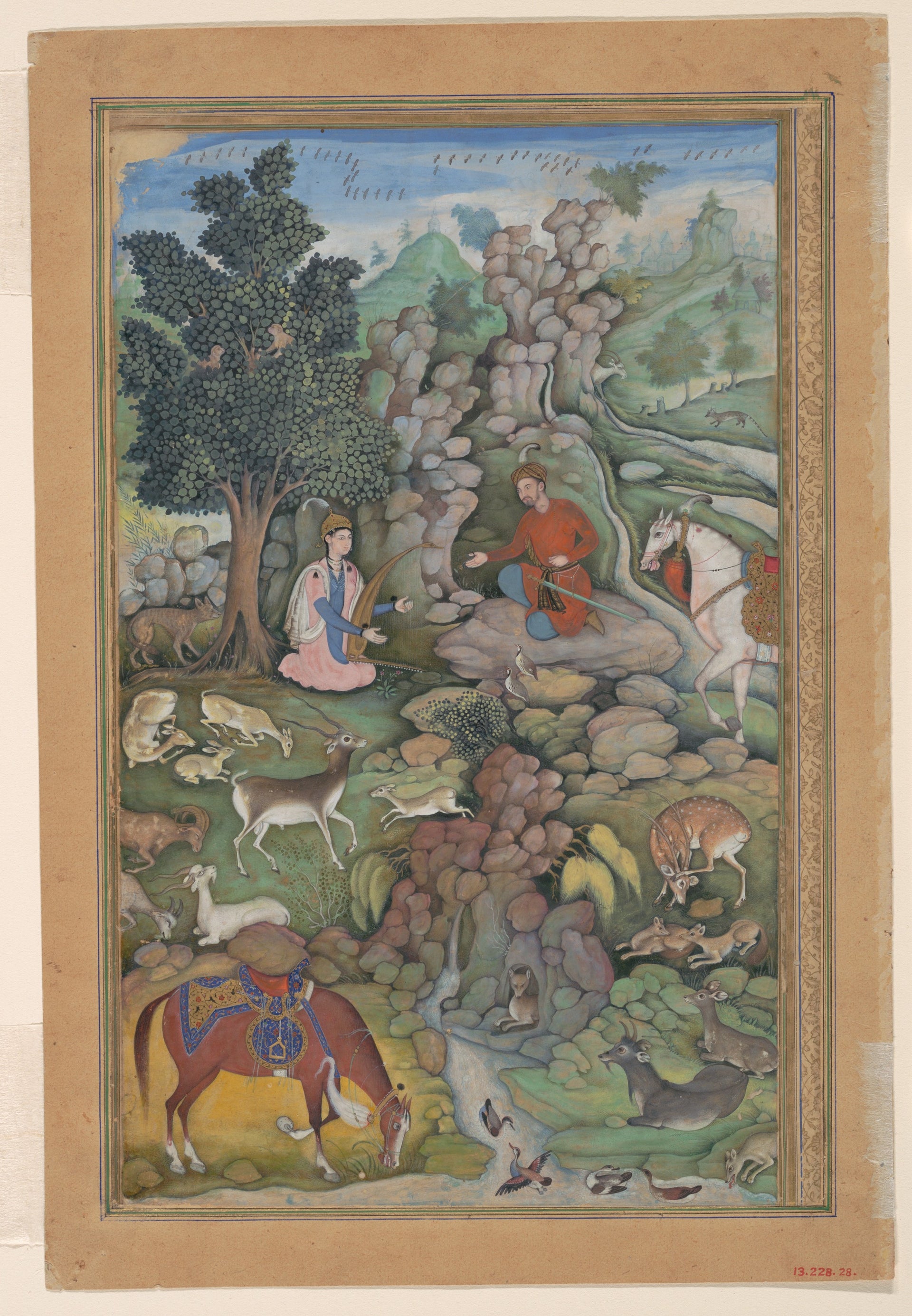 Amir Khusrau Dihlavi, "Bahram Gur Sees a Herd of Deer Mesmerized by Dilaram' s Music", Folio from a Khamsa (Quintet) of Amir Khusrau Dihlavi, 1597–98, The Metropolitan Museum of Art, New York