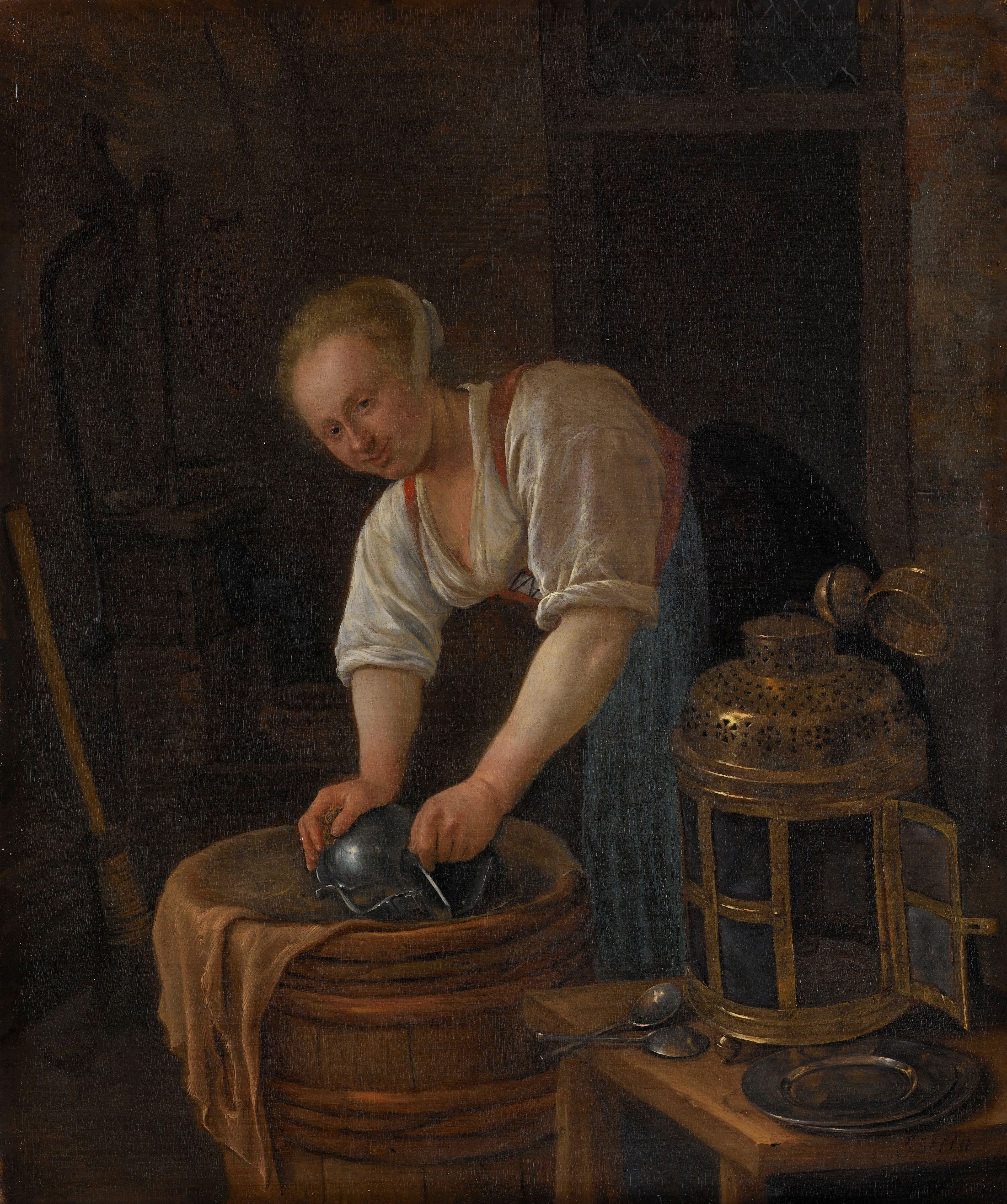 Femme nettoyant des objets en métal - Jan Steen