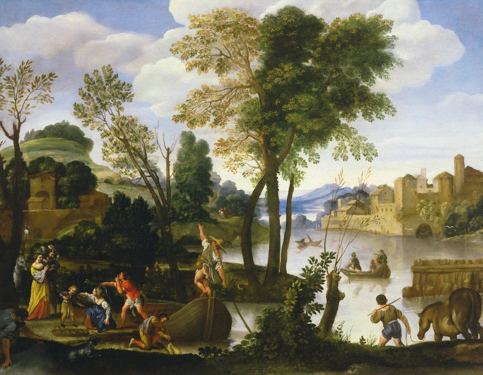 Paysage fluvial avec bateliers et pêcheurs un couple élégant se promenant au bord de la rivière - Domenichino - Alpha