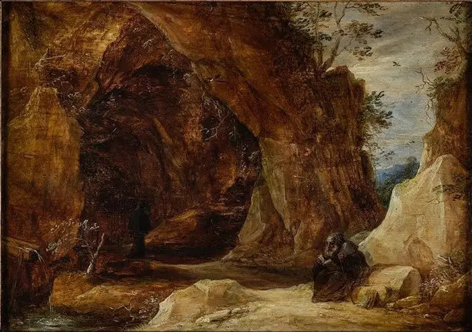  seated hermit on a rock at the entrance of a cave - Давид Теньер младший