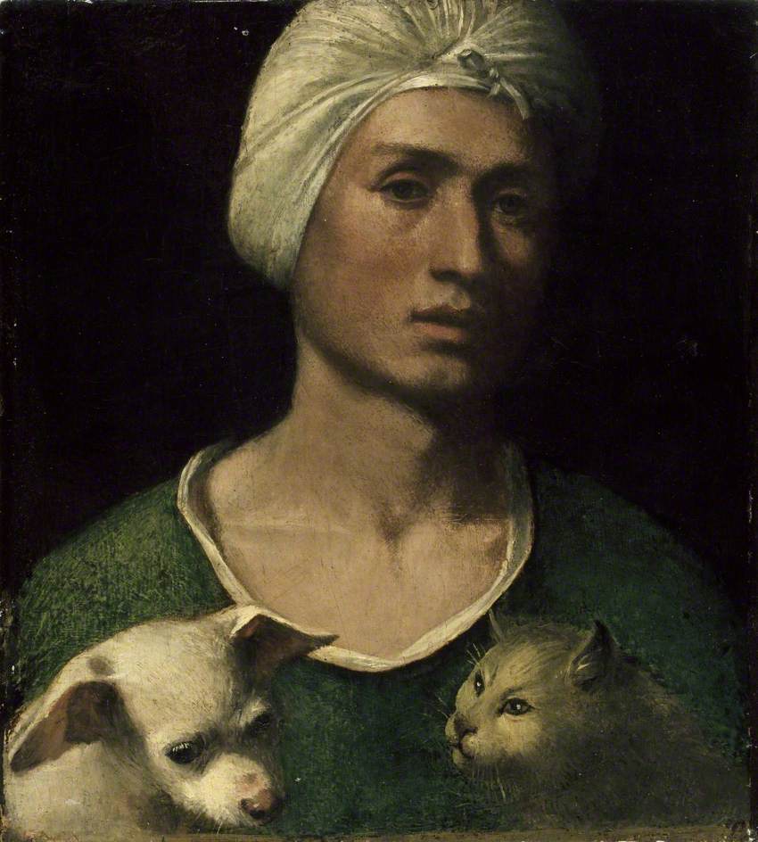 Portrait d'un jeune homme tenant un chien et un chat - Dosso Dossi