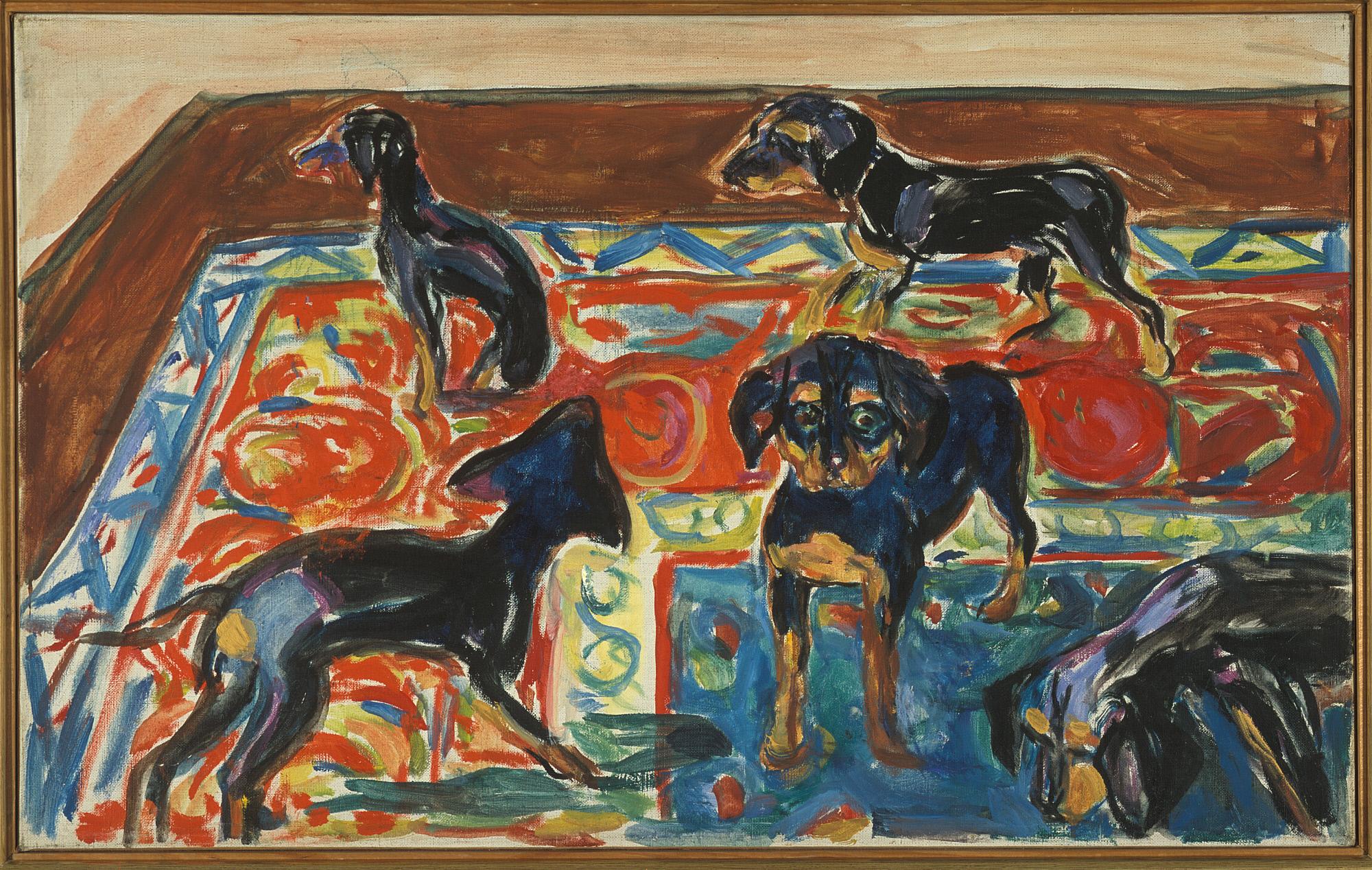 Reproduction du tableau « Cinq Chiots sur le tapis - Edvard Munch » par Alpha Reproduction en peinture à l’huile
