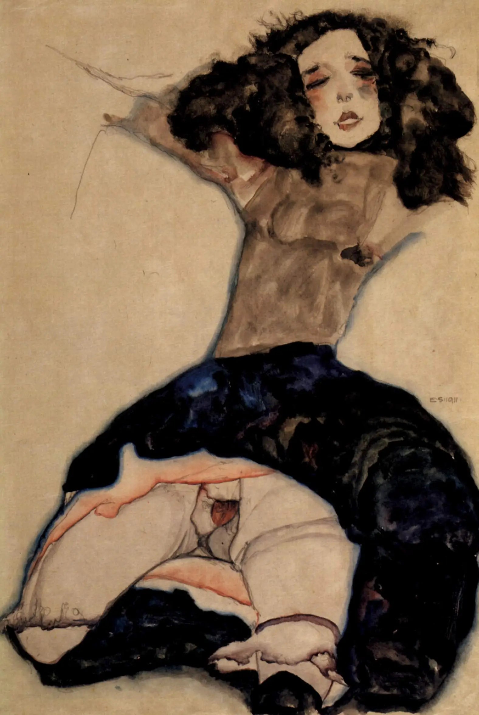 Reproduction du tableau « Fille aux cheveux noirs avec jupe relevée - Egon Schiele » par Alpha Reproduction en peinture à l’huile