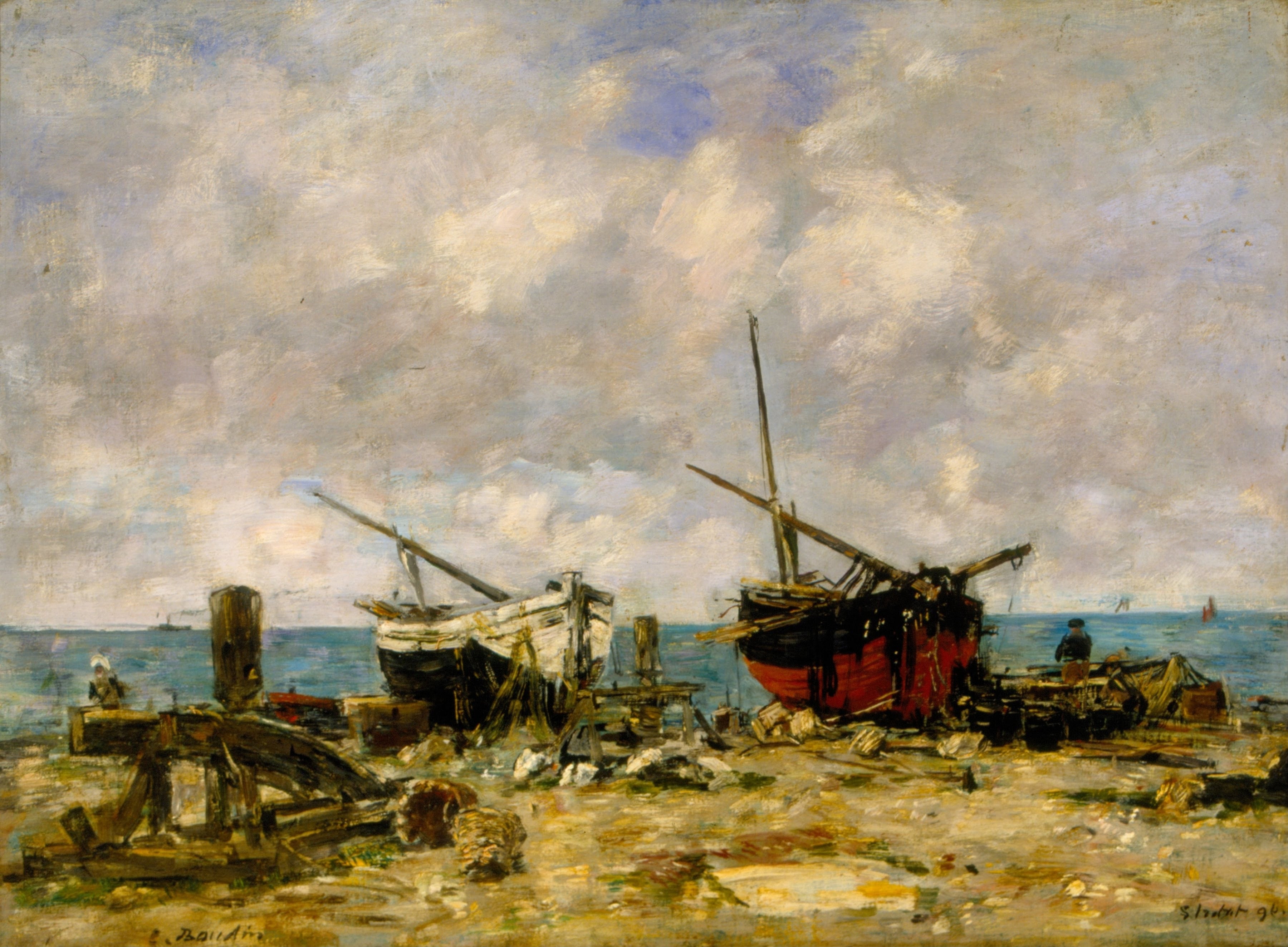 Reproduction du tableau « Étretat - Navires échoués - Eugène Boudin » par Alpha Reproduction en peinture à l’huile