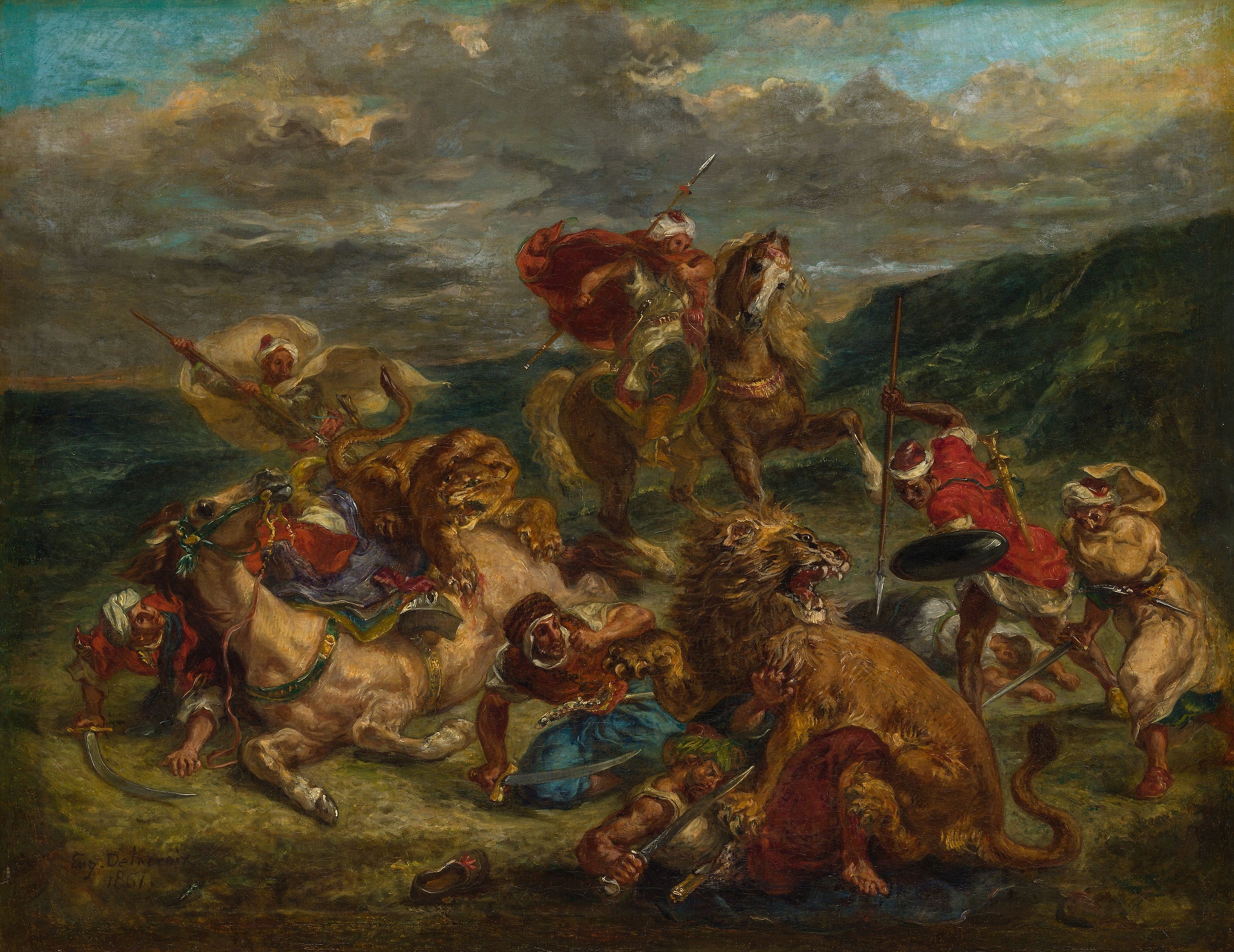 Reproduction du tableau « La Chasse au lion - Eugène Delacroix » par Alpha Reproduction en peinture à l’huile