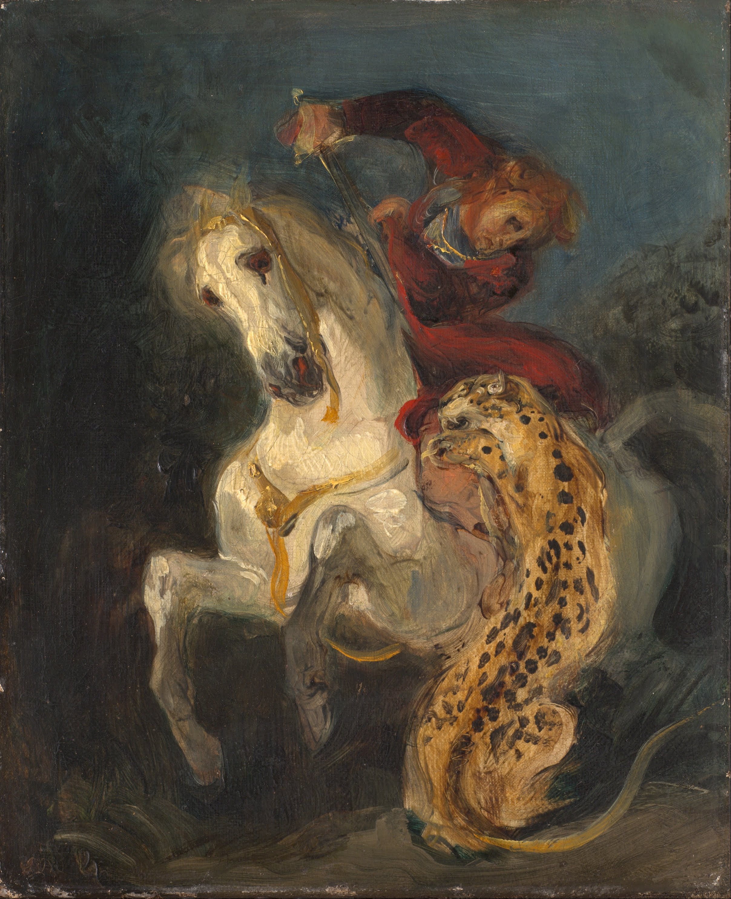 Reproduction du tableau « Cavalier attaqué par un jaguar - Eugène Delacroix » par Alpha Reproduction en peinture à l’huile