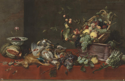 Nature morte avec gibier, légumes et fruits sur une table, avec un perroquet sur une branche - Frans Snyders