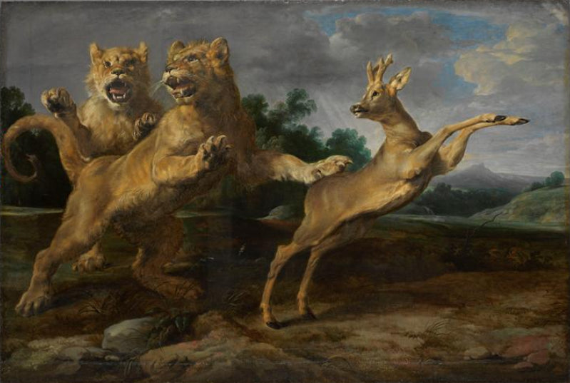 Deux jeunes lions poursuivant un chevreuil - Frans Snyders
