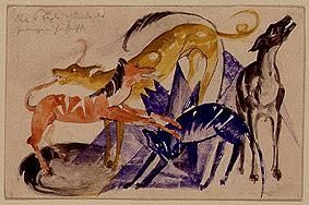 Reproduction du tableau « Les quatre chiens de compagnie du prince Jusuff - Franz Marc » par Alpha Reproduction en peinture à l’huile