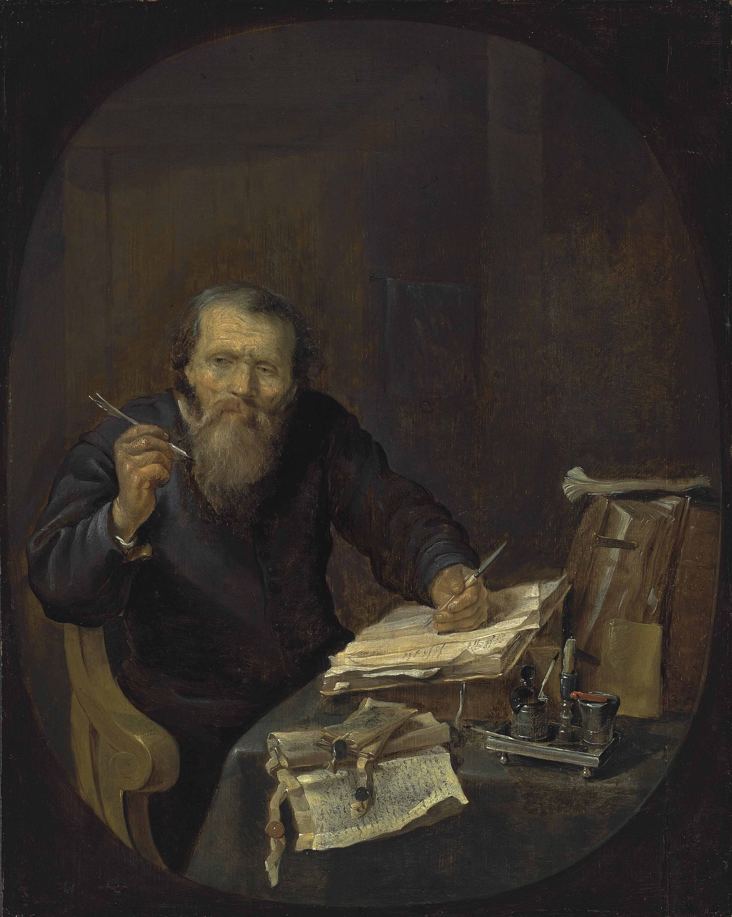 Un notaire aiguisant sa plume, dans un intérieur - Gabriel Metsu