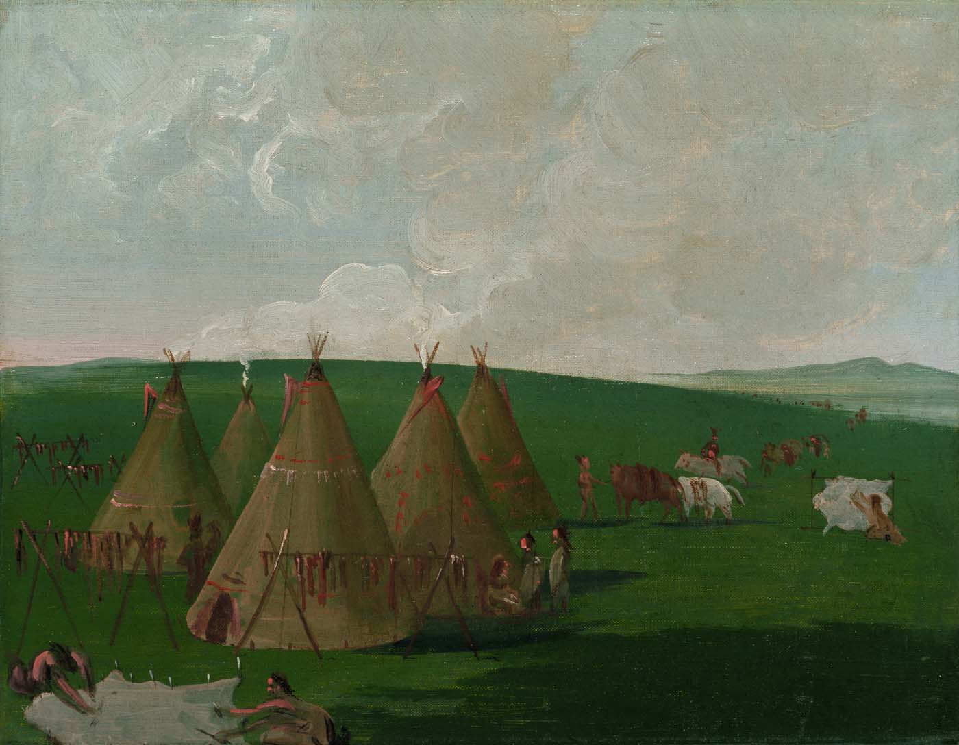 Sioux campant sur le Haut-Missouri, préparant de la viande de bison et des robes - George Catlin