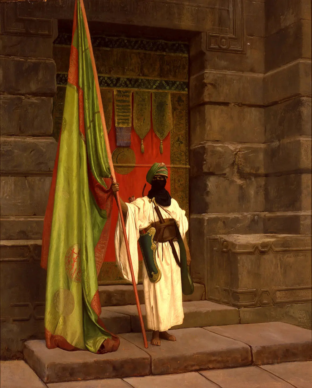 Reproduction du tableau « Le porteur debout, déployant le drapeau sacré - Jean-Léon Gérôme » par Alpha Reproduction en peinture à l’huile