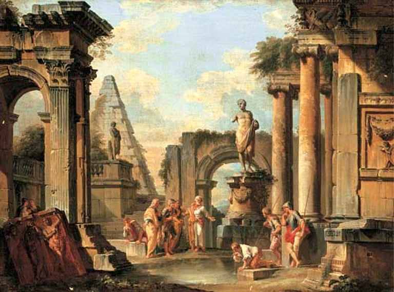 Un caprice de ruines classiques avec Diogène jetant sa coupe. - Giovanni Paolo Panini