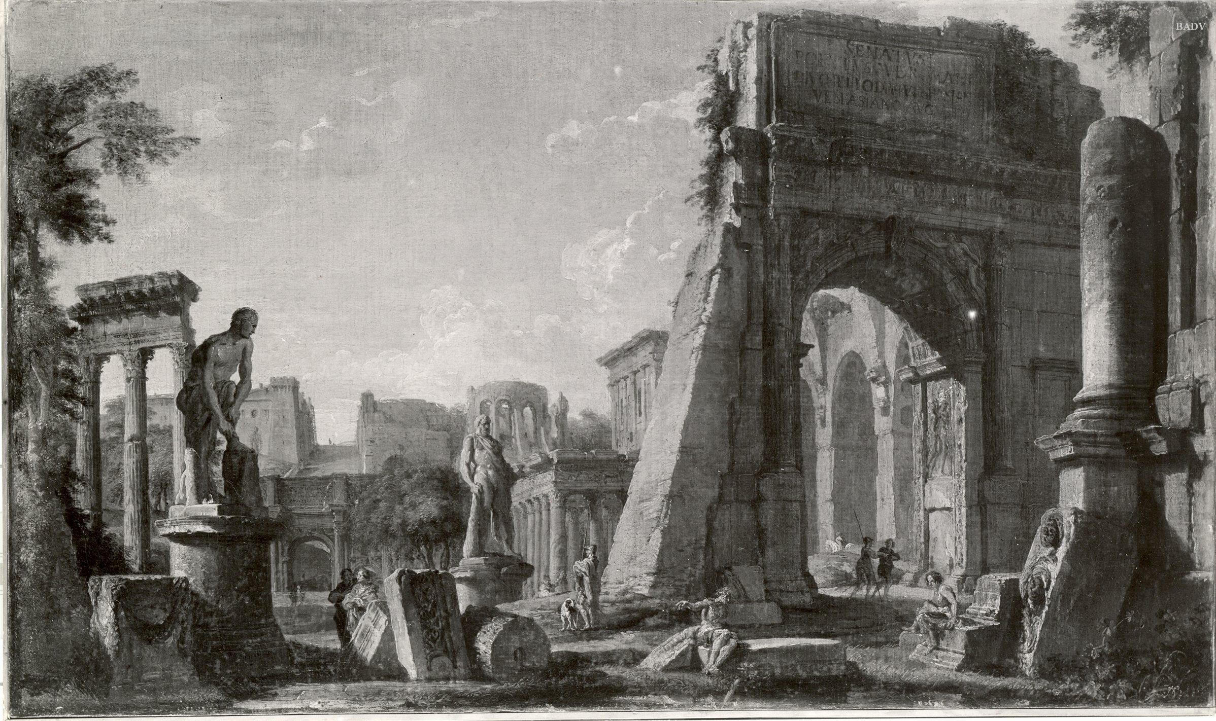 Ruines romaines dans un paysage avec des statues monumentales et des personnages posant - Giovanni Paolo Panini