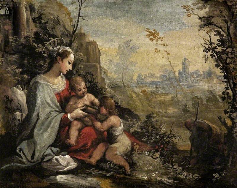 La Sainte Famille en fuite rencontre le jeune saint Jean - Guercino
