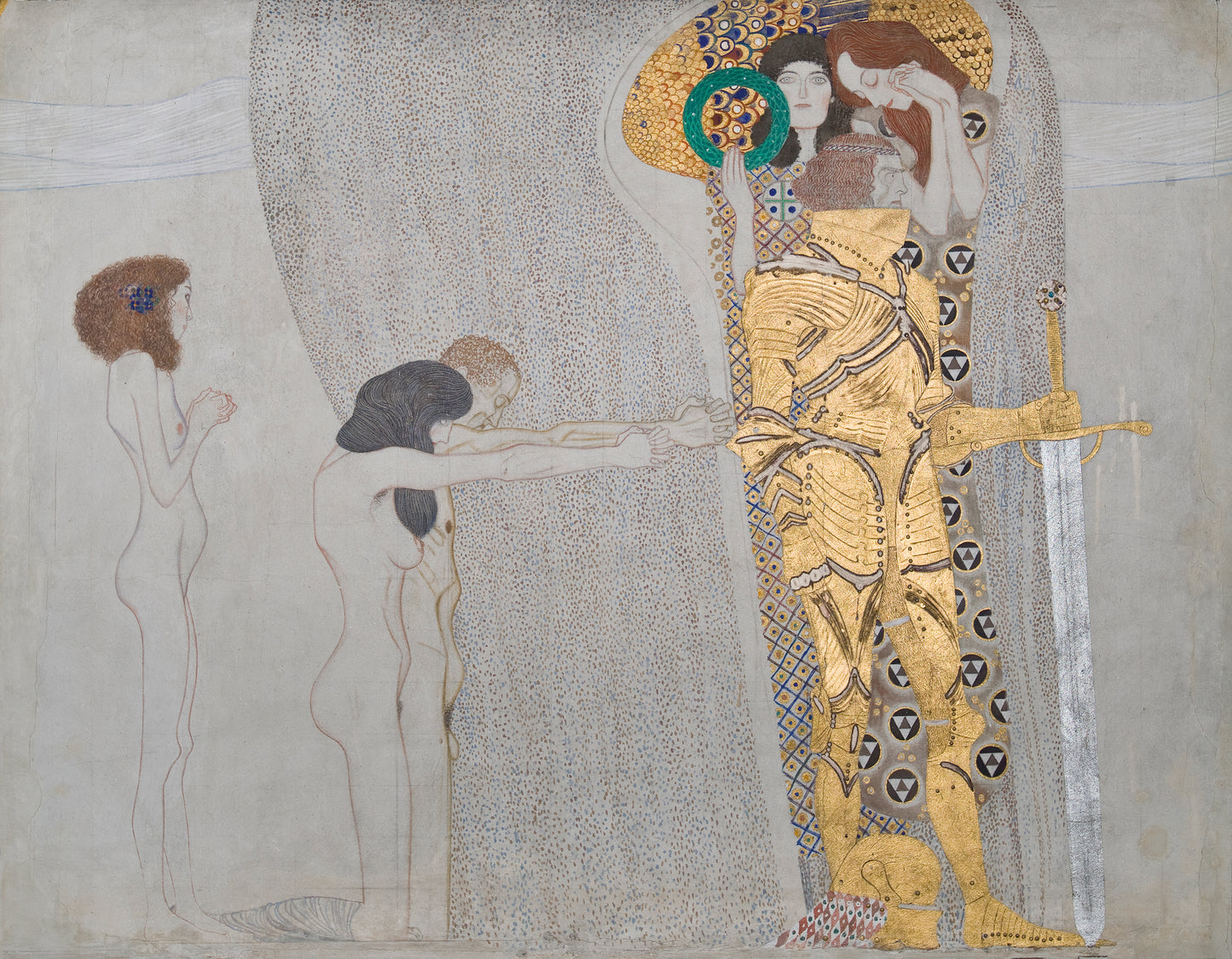 Reproduction du tableau « Frise Beethoven (planche 3, mur de gauche) : Désir de bonheur - Gustav Klimt » par Alpha Reproduction en peinture à l’huile