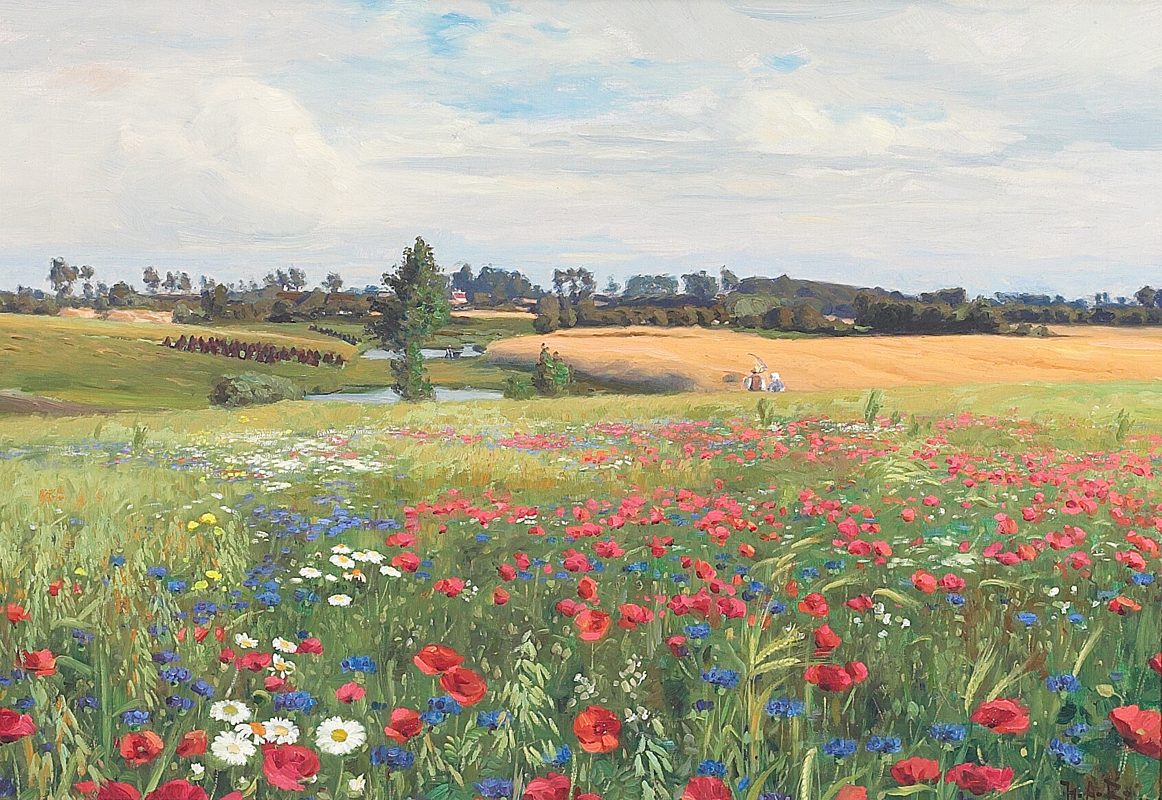 Une prairie en fleurs, avec des coquelicots, des leucanthèmes et des bleuets. - H. A. Brendekilde