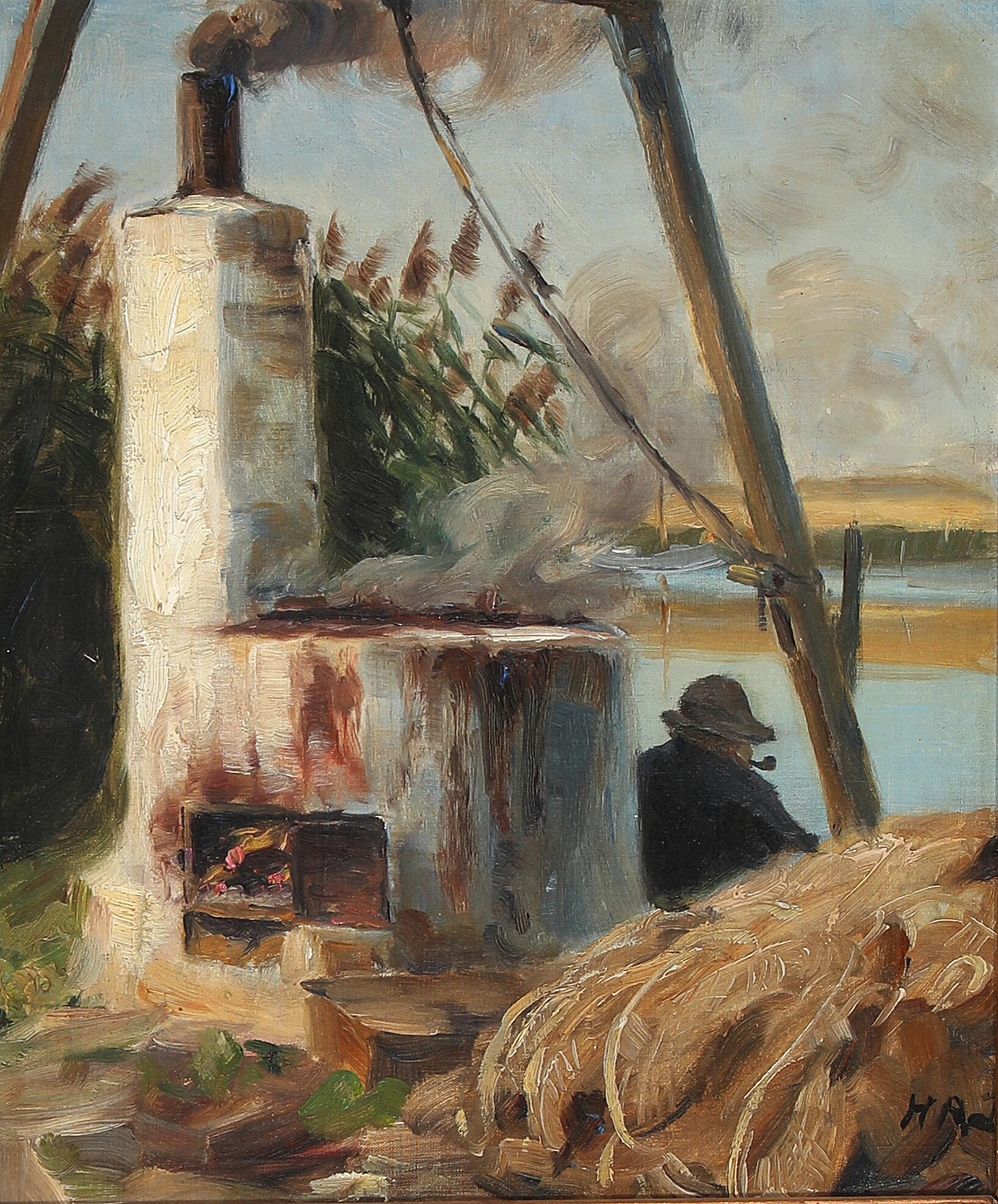 Un homme assis devant le four fumant. - H. A. Brendekilde