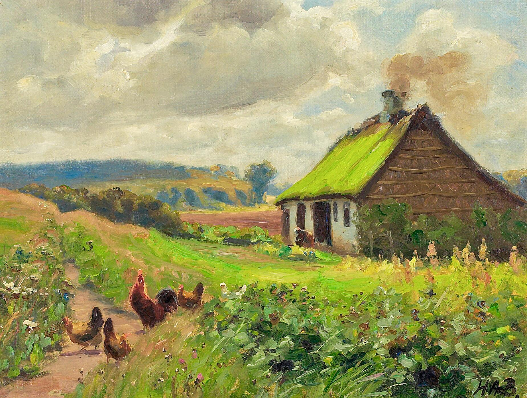 Le printemps avec une maison, une femme et des poulets. - H. A. Brendekilde