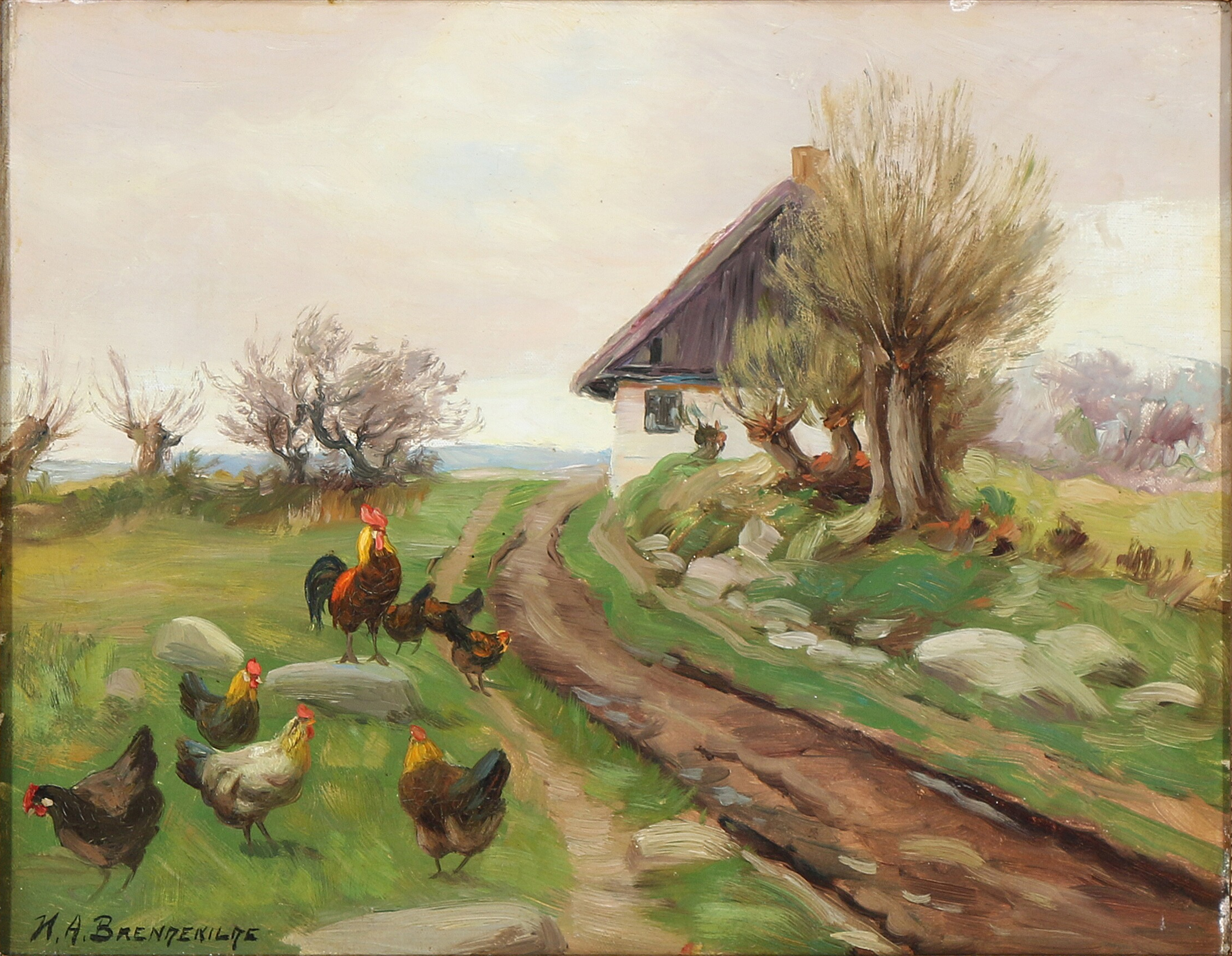 Extérieur de la ferme avec des poules - H. A. Brendekilde