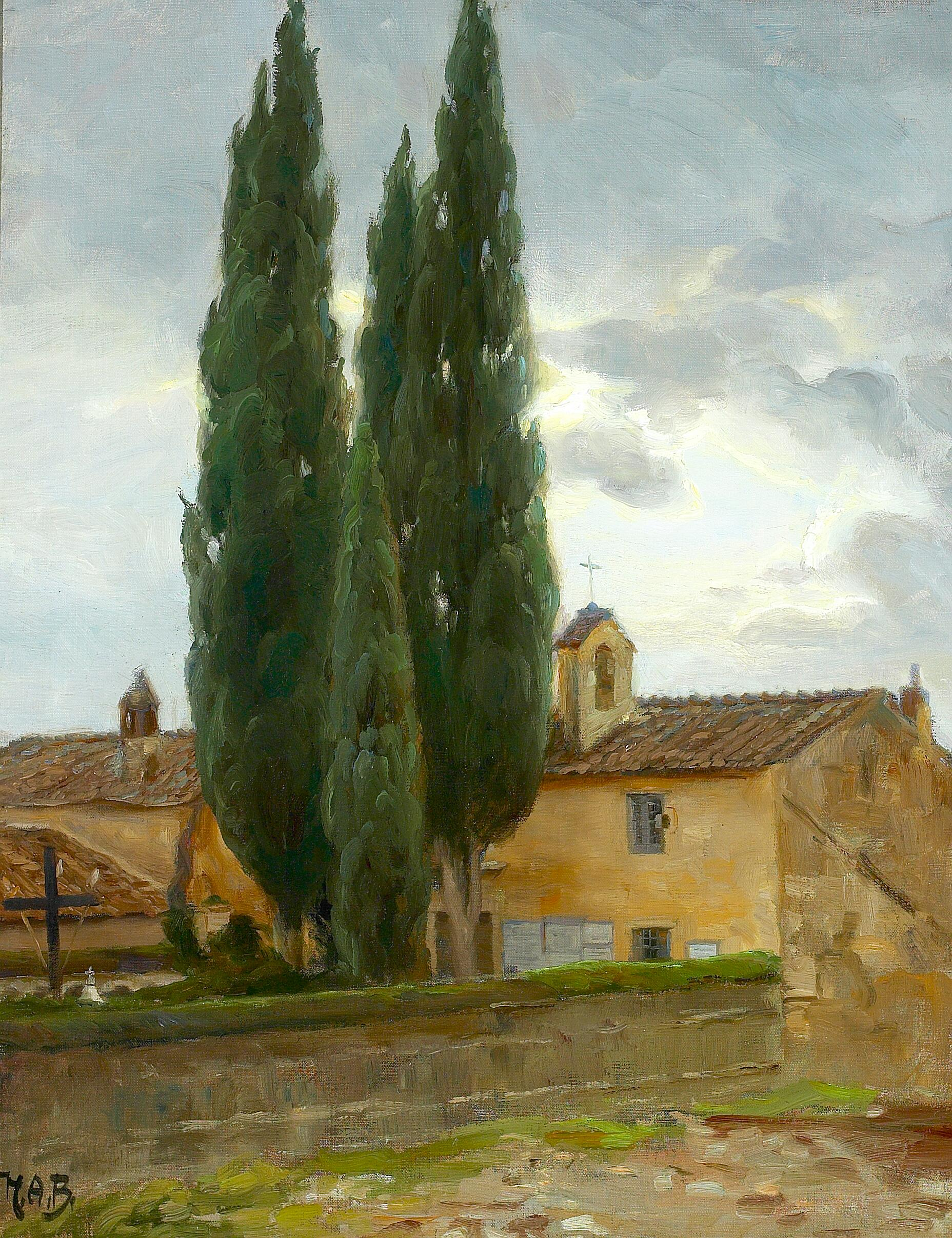 Paysage italien avec un monastère et des pins. - H. A. Brendekilde