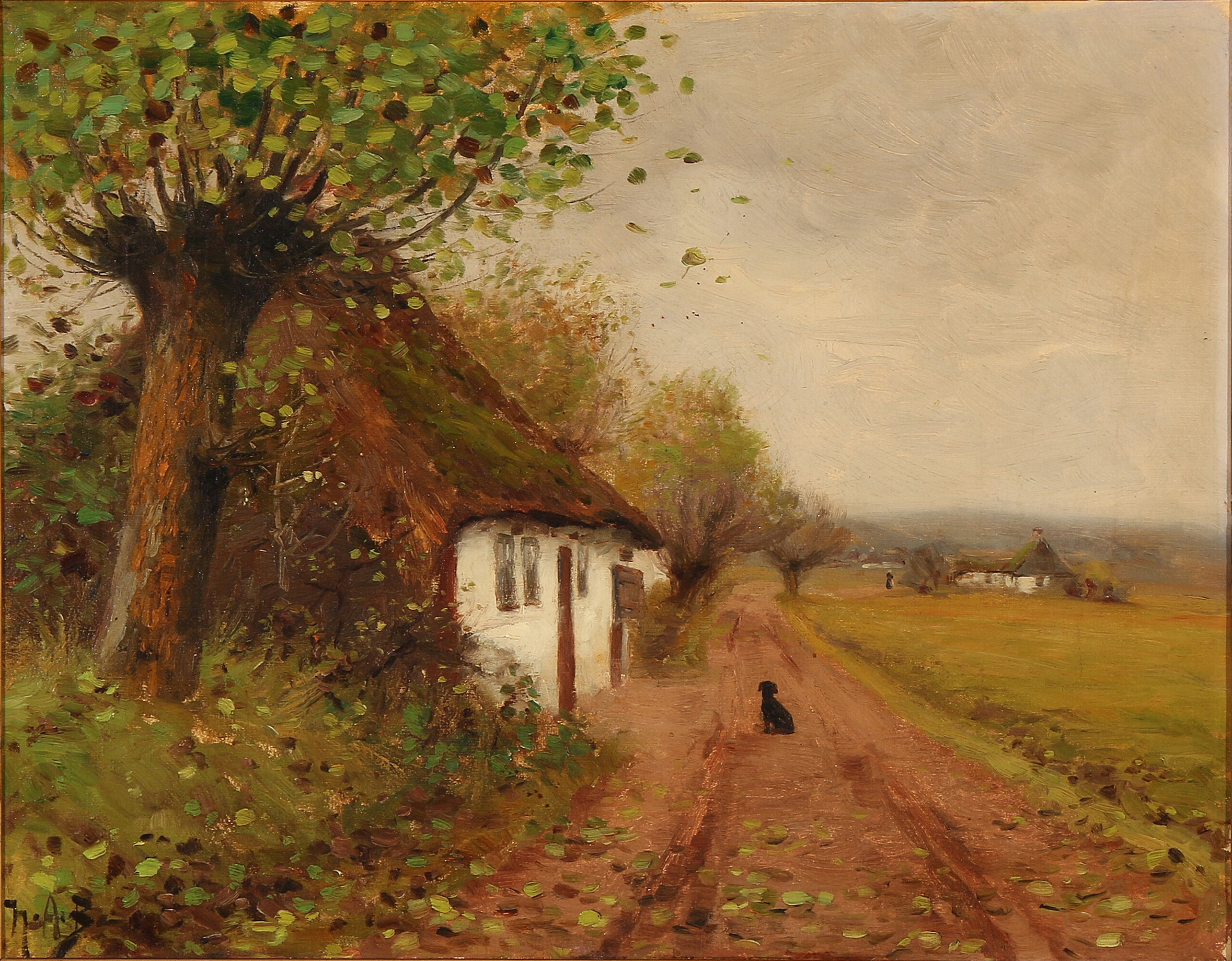 Paysage avec un chien attendant sur une route de campagne - H. A. Brendekilde