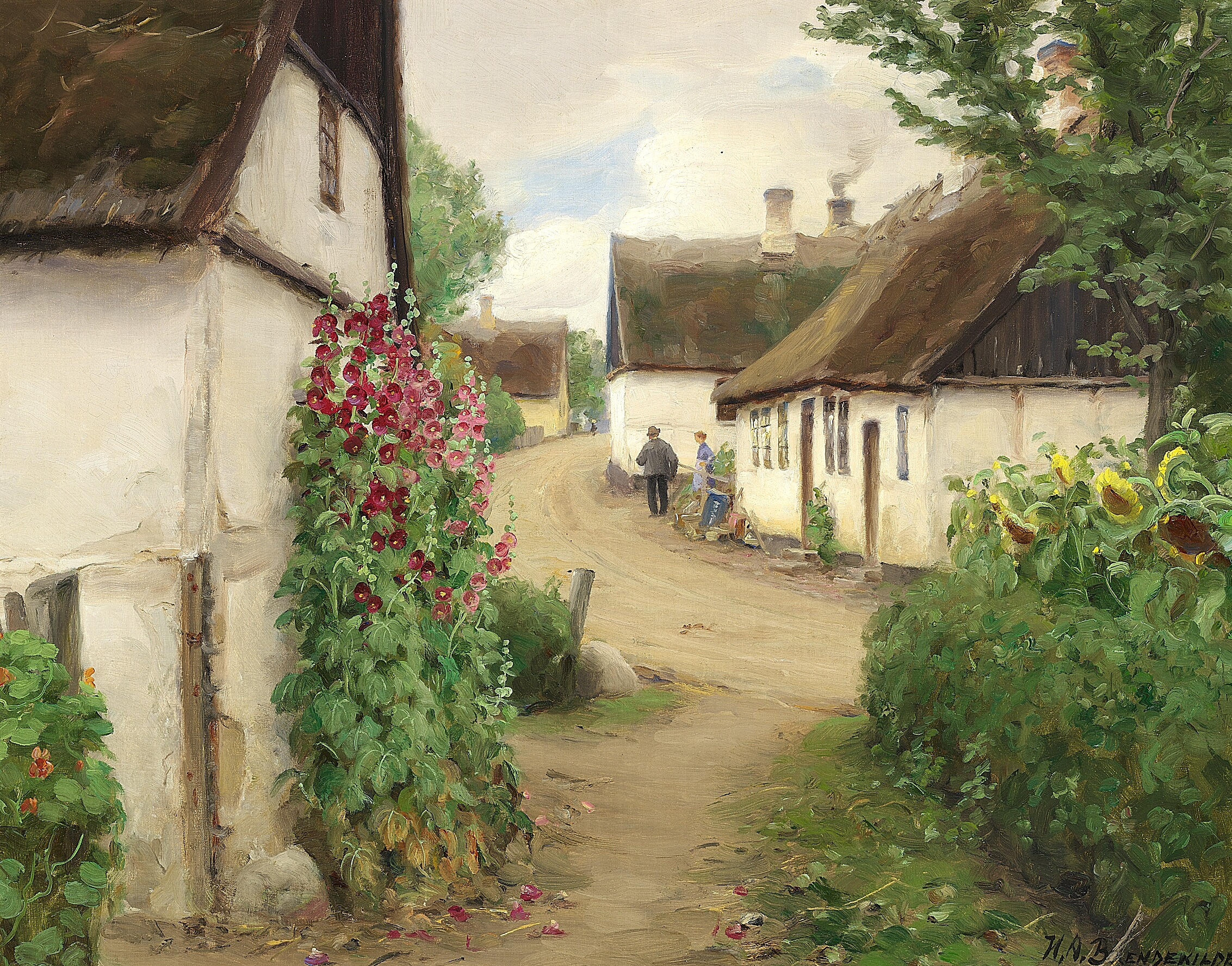 Journée d'été dans un village avec des tournesols et des roses trémières rouges. - H. A. Brendekilde