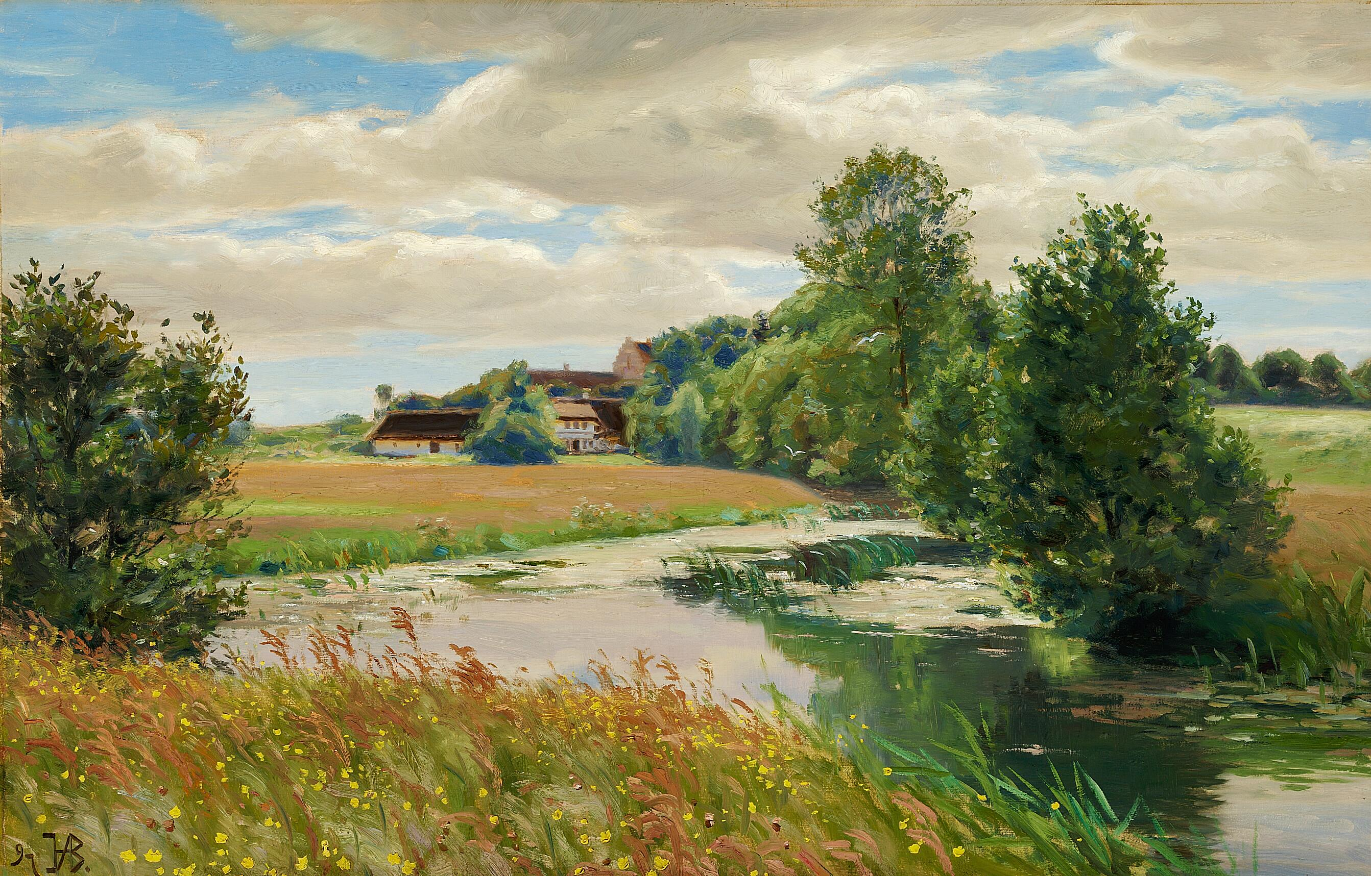 Paysage d'été au bord d'une rivière près d'une église. - H. A. Brendekilde