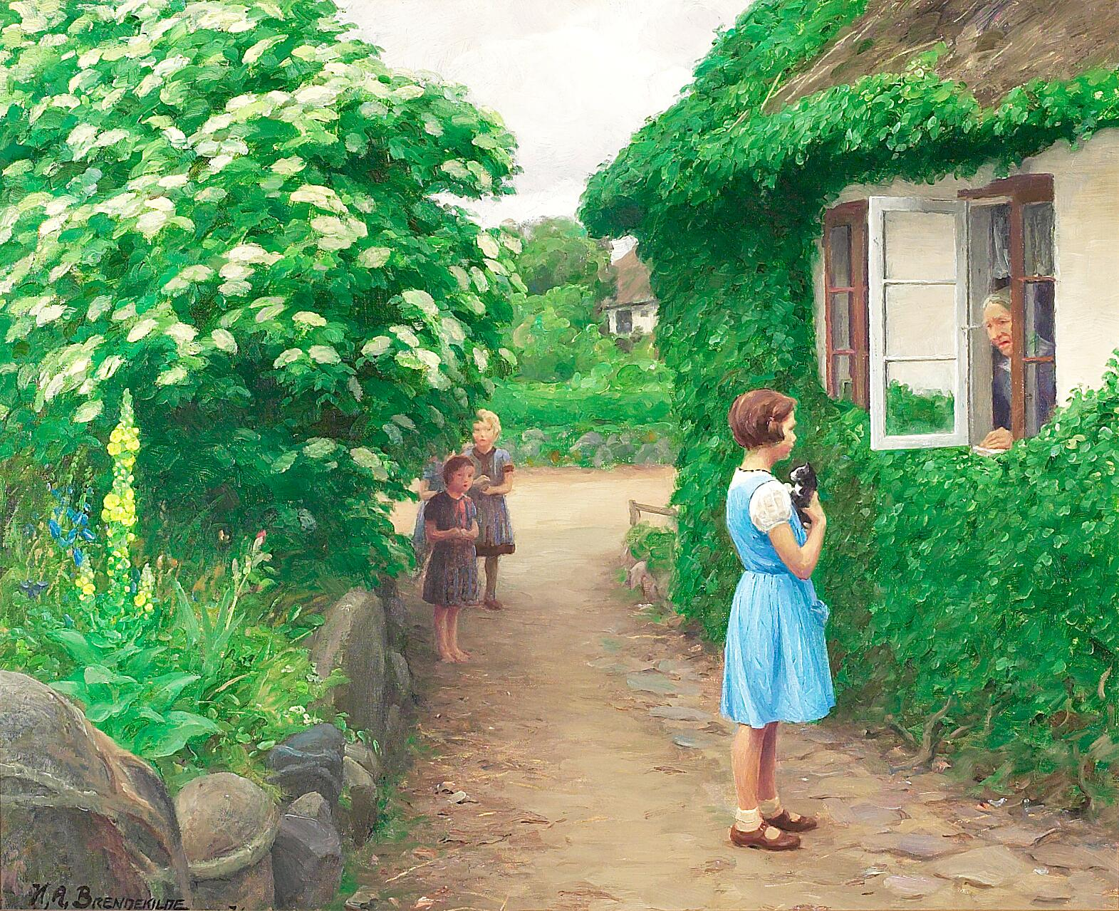 Une journée d'été avec des enfants avec un chaton et une vieille femme à la fenêtre. - H. A. Brendekilde