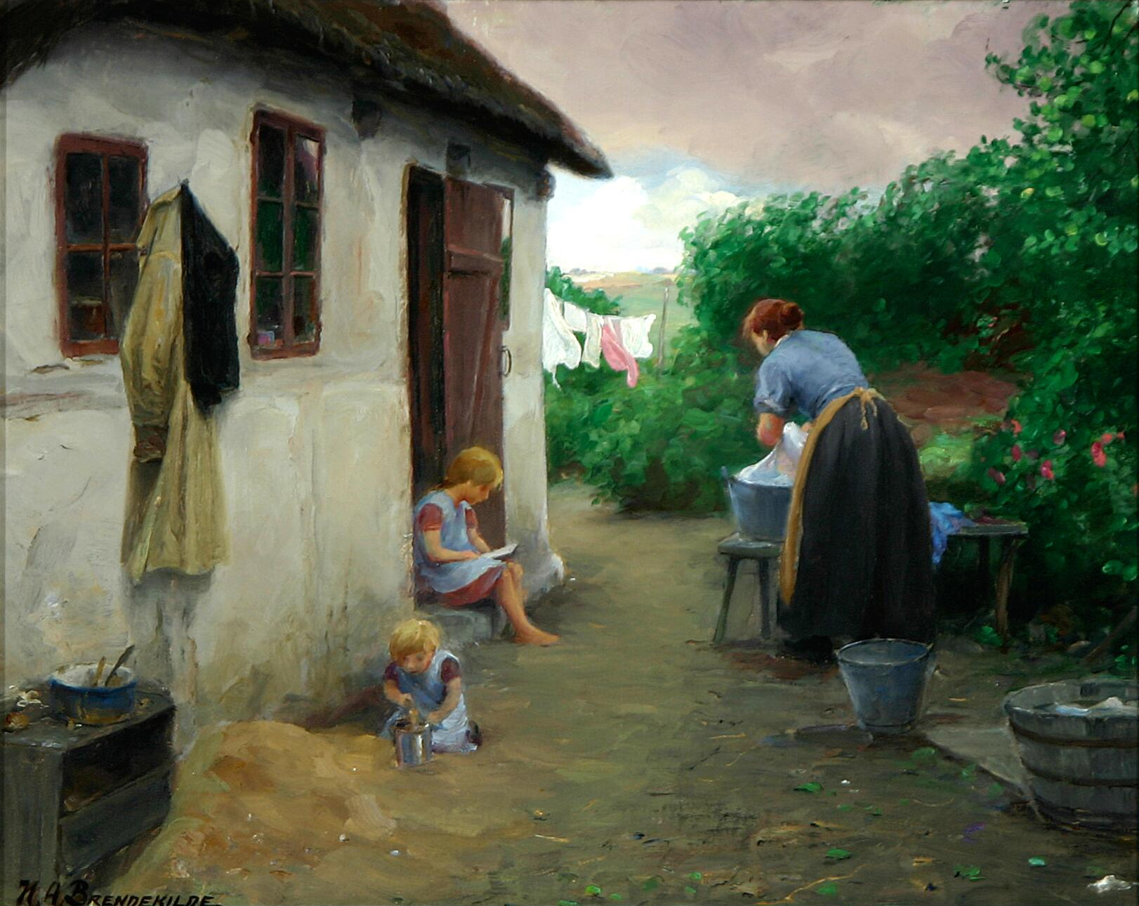 Deux filles et leur mère près d'une ferme. - H. A. Brendekilde