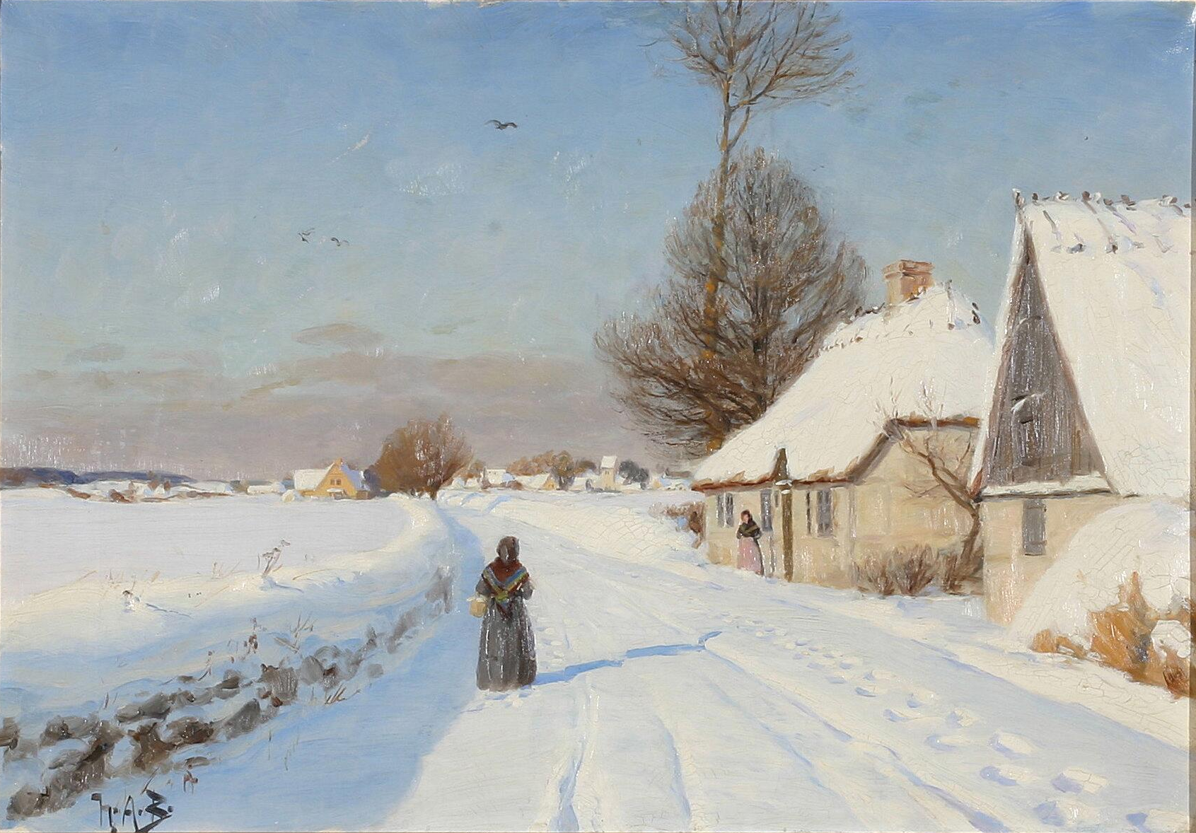 Une journée d'hiver dans un village, montrant des personnes près de maisons au toit de chaume. - H. A. Brendekilde