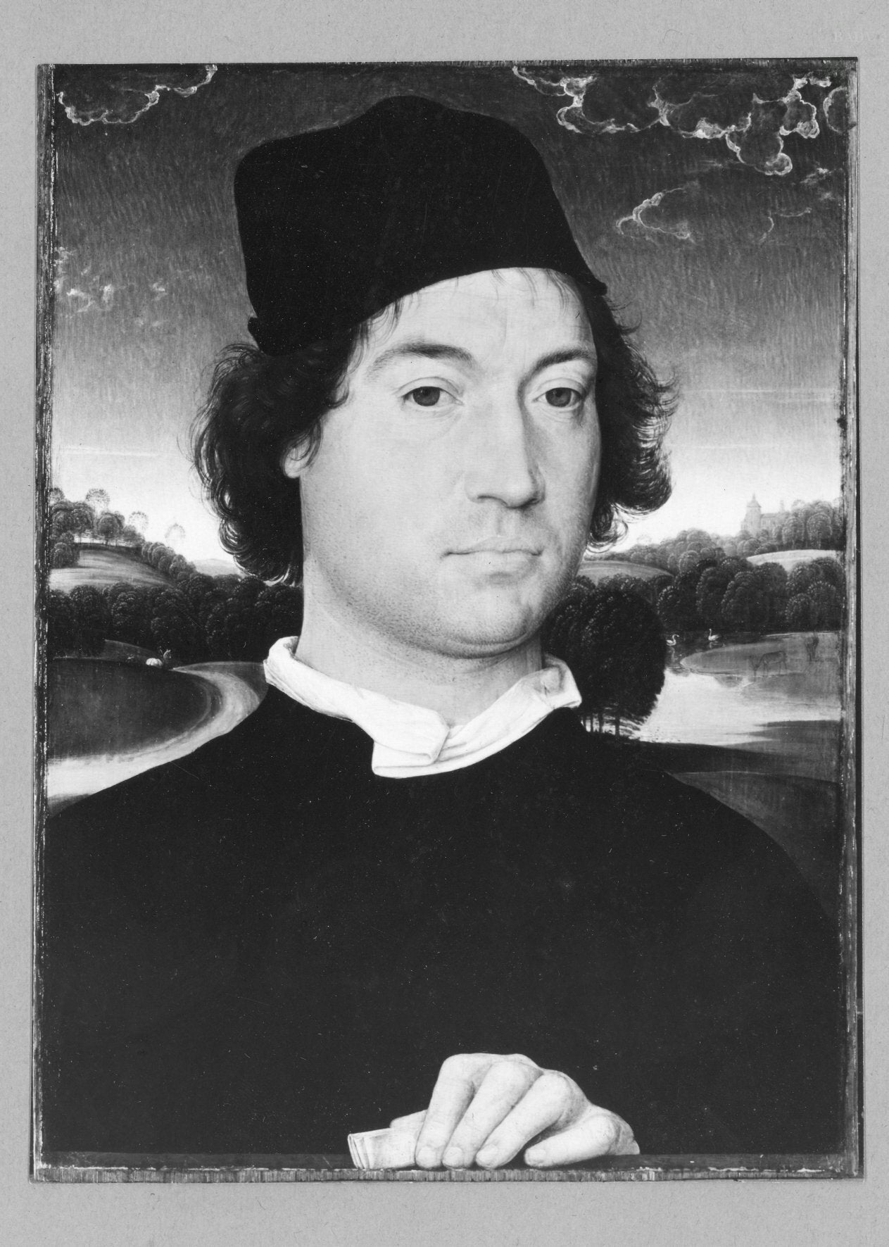 Portrait d'un gentleman à Florenz vor einer Landschaft - Hans Memling