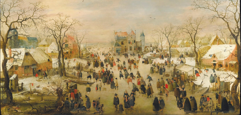 Un paysage hivernal panoramique avec une multitude de silhouettes sur une rivière gelée - Hendrick Avercamp