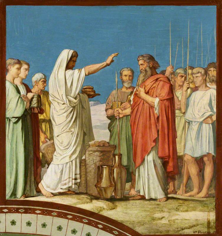 Melchisédech offrant du pain et du vin, bénit Abraham : Modèle pour la fresque de la nef gauche de Saint-Germain-des-Prés, Paris, 1859 (Melchisédek bénit Abraham et offre du pain et du vin) - Hippolyte Flandrin