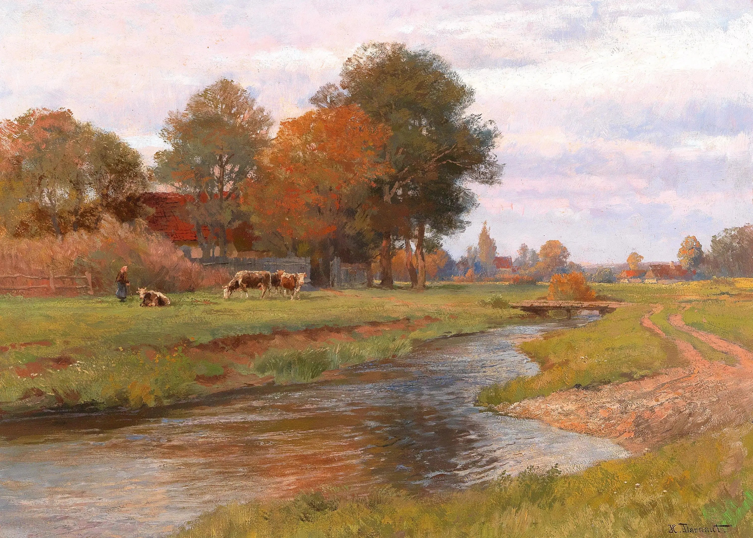 Paysage fluvial avec un petit troupeau de vaches et un village en arrière-plan - Hugo Darnaut - Alpha Reproduction