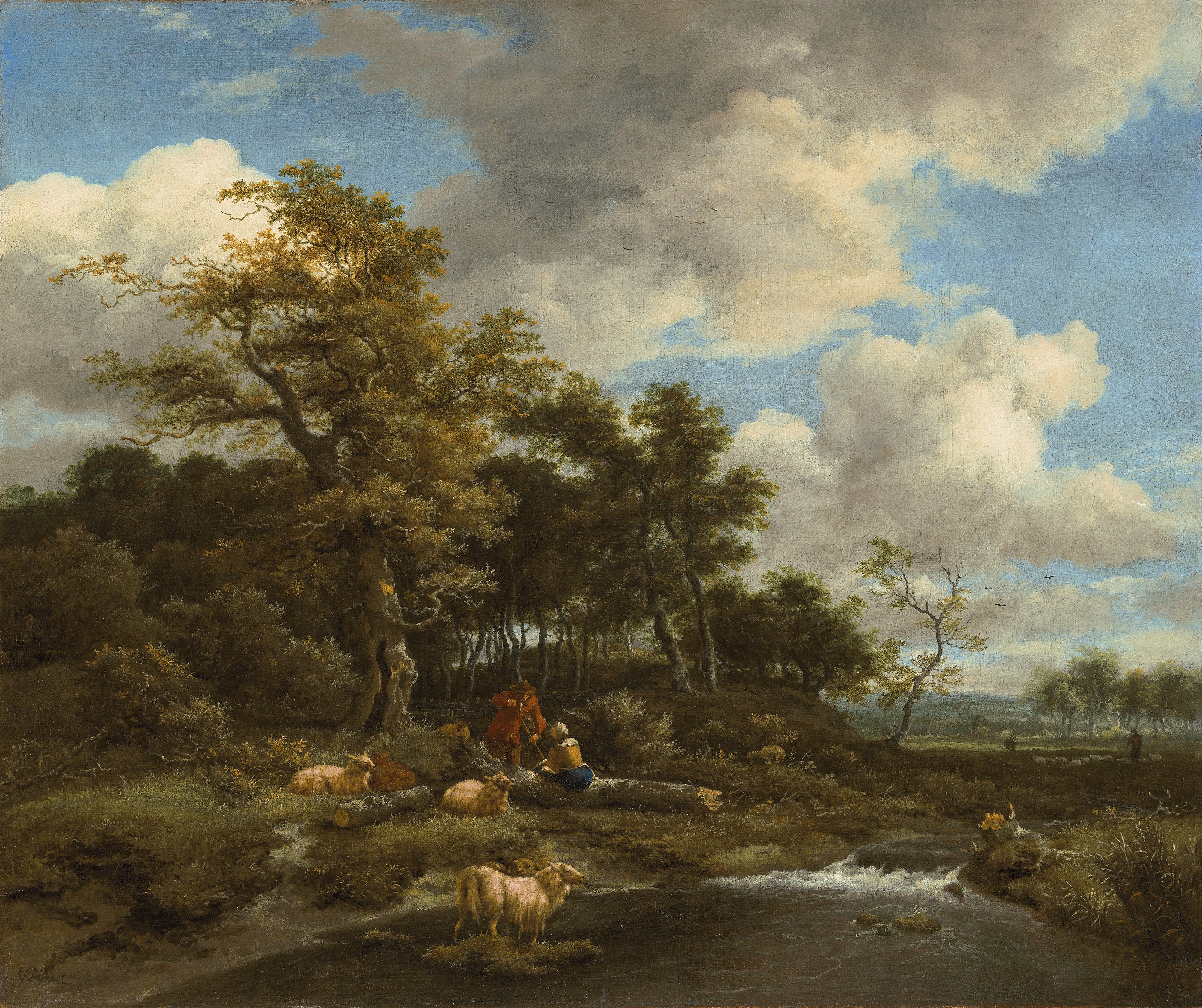 Paysage boisé avec un ruisseau, un étang, un berger et une bergère - Adriaen van de Velde