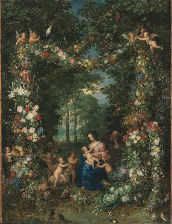 La Sainte Famille avec une guirlande de fleurs et de fruits - Jan Brueghel l'Ancien