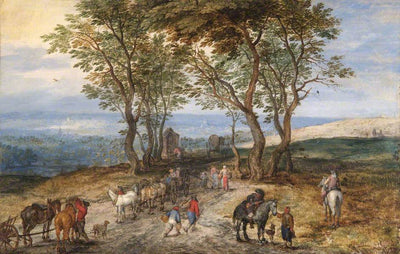 Scène de route de campagne avec des personnages : un homme priant dans un sanctuaire - Jan Brueghel l'Ancien