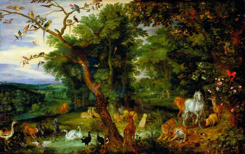 Le jardin d'Éden avec la tentation en arrière-plan - Jan Brueghel l'Ancien
